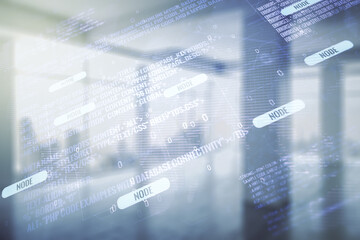 Aufkleber - Abstract virtual coding illustration and world map on modern interior background, international software development concept. Multiexposure