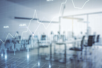 Poster - Double exposure of virtual creative financial diagram on a modern furnished office interior background, banking and accounting concept