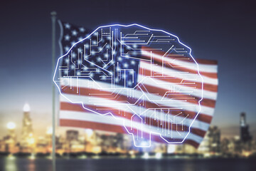 Poster - Double exposure of creative human brain microcircuit hologram on US flag and city background. Future technology and AI concept