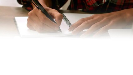 Poster - Animation of light over hands of biracial female writing in notebook