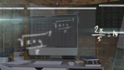 Poster - Animation of math formulas over computer screen with copy space on office desk