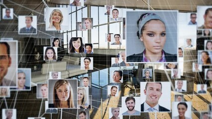 Poster - Animation of network of connections with user photos over office interior