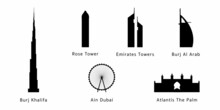 Dubai Black Silhouette, Sights, Emirates, UAE, Burj Khalifa, Ain Dubai, Atlantis The Palm, Rose Tower, Emirates Towers, Burj Al Arab. White Background