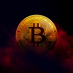 Wall Mural - Burning golden bitcoin coin in red smoke background. cryptocurrency concept