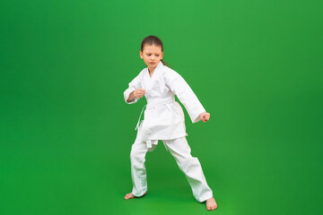 Wall Mural - A karate girl does stretching before training in the gym. The child is engaged in martial arts.