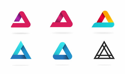 Triangle logo brand icon vector or prism trinity pyramid geometric logotype 3d blue red orange purple color image illustration clipart set, concept of alliance construction modern abstract symbol