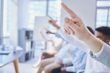 Poster - We have questions. Cropped shot of a group of businesspeople raising their hands during a meeting.