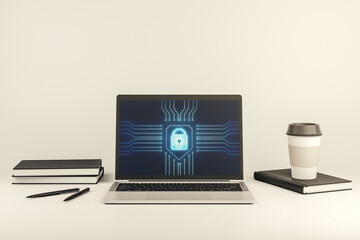 Poster - Creative lock sketch with chip hologram on modern computer monitor, protection of personal data concept. 3D Rendering
