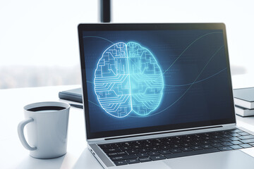 Aufkleber - Modern computer monitor with creative artificial Intelligence symbol. Neural networks and machine learning concept. 3D Rendering