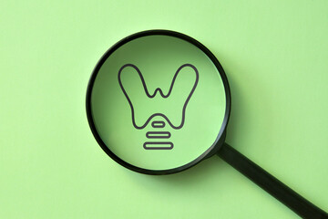 Drawing of the thyroid gland under a magnifying glass. The symbol of the diagnosis of thyroid diseases