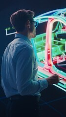 Poster - Vertical Screen. Innovative Green Energy Startup: Male Engineer Designing Electric Car Using Tablet Computer and Big Wall Screen to Analyse Prototype. Concept for Sustainable Carbon Neutral Vehicle