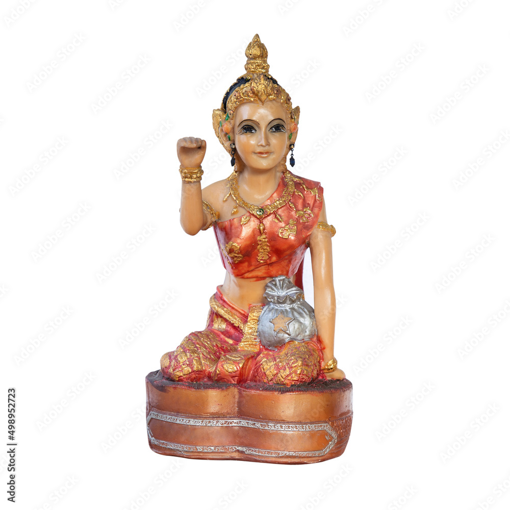 An old beautiful woman statue sitting beckoning happy lot in