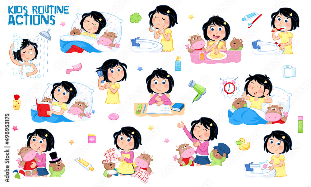 Cute Designs Small Routine Learning concept - Daily routine of a little girl with dark hair - Set ...