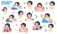 Learning Concept - Daily Routine Of A Little Girl With Dark Hair - Set Of Thirteen Cute Educational Illustrations - Isolated - White Background