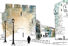 Old Street Of Jerusalem, Black And White Vector Illustration In Hand Drawn Style. Ancient Walls. Jerusalem, Israel. Urban Landscape Sketch. Line Art. Ink Drawing On Background Watercolor.