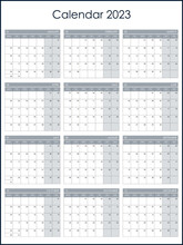 Calendar 2023. Wall Planner With Free Space For Notes. Vertical Layout, Template With 12 Months On One Page. Week Starts From Monday. English Language.