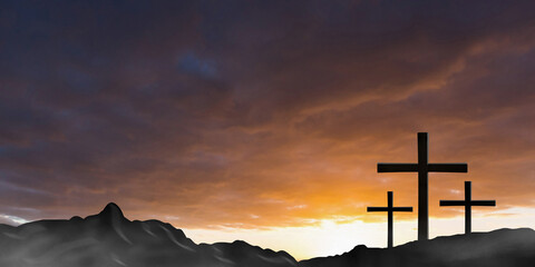 Wall Mural - Crucifixion Of Jesus Christ., Three cross silhouette on the mountain at sunset