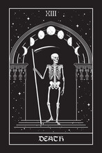 Tarot Card Death Grim Reaper With The Scythes In Front Of The Gothic Arch With Moon Vector Illustration. Hand Drawn Gothic Style Placard, Poster Or Print Design