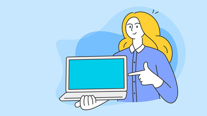 Young woman holding a laptop, pointing her finger to show the blank screen. Laptop computer technology concept. Vector flat illustration.