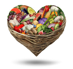 Wall Mural - Fruit and vegetables love and heart health symbol in a cornucopia basket as a healthy food and fresh ripe fruits and nuts with beans as a diet symbol for eating green biological natural food.