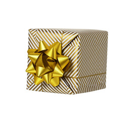 Wall Mural - Wrapped in festive paper gift box with golden paper ribbon bow isolated