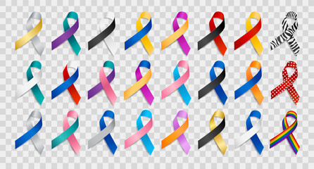 Set of realistic different color ribbon awareness ribbons. Elements for design. Vector ribbon various colors isolated on white background