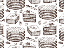 Sketch Drawing Pattern Of Carrot Cake Isolated On White Background. Hand Drawn Wallpaper Of Baked Sweet Dessert . Engraved Pecan Nuts, Whipped Cream, Walnut. Line Art Food. Vintage Vector Illustration