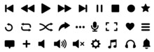 Media Player Icons Set. Button Collection. Music, Sound, Interface, Play, Microphone, Arrow, Setting.