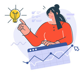 Young female working on analytics, work with statistics, web pages, data, and research also touch a bright light bulb. Concept of a creative idea, solution, brainstorming, innovation, creativity.