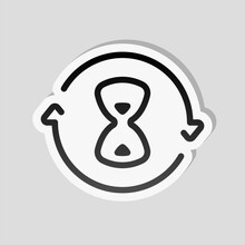 Old Hourglass, Simple Wait Icon. Linear Sticker, White Border And Simple Shadow On Gray Background