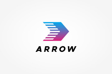 Poster - Right Arrow Logo. Blue Purple Gradient Geometric Arrow Shape with Striped Lines isolated on White Background. Flat Vector Logo Design Template Element for Business and Technology Logos.