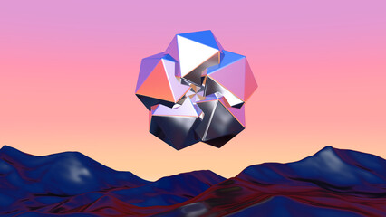 Poster - Abstract chrome shape over blue landscape in vaporwave sunset. Background with mysterious surreal shiny object. 3D illustration