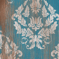 Natural blue old wood backdrop. Retro background with baroque elements