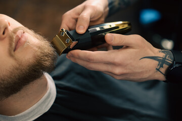 Wall Mural - Professional hairdresser working with bearded client in barbershop, closeup