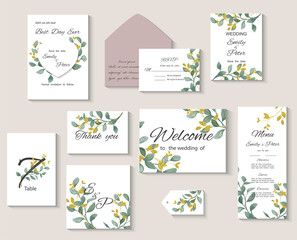 Wall Mural - Wedding invitation with leaves eucalyptus, watercolor, isolated on white. Vector Watercolor.