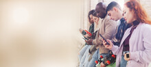 Banner Of Group Of Friends Watching Smartphones - Millennial Gen Z Addicted To New Technology Trends - Concept Lifestyle, Social Media,  Tech, Friendship - Copy Space .