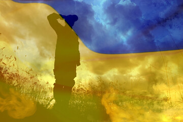 Wall Mural - Silhouette of soldier and Ukrainian national flag, double exposure