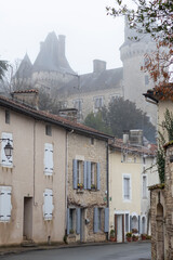 Wall Mural - Verteuil sur Charente, french castle in foggy winter day, France