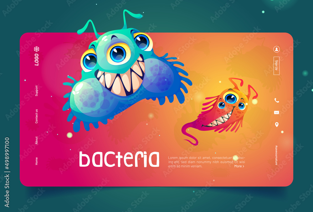 Bacteria cartoon landing page, cute virus or germ cells character with ...