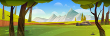 Cartoon Nature Landscape With Mountains, Green Field, Rocks And Trees. Summer Forest Under Blue Sky With Clouds, Scenery View Tranquil 2d Game Background, Beautiful Woodland, Vector Illustration