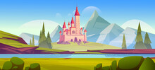 Fairy Tale Castle In Mountain Valley With River And Coniferous Trees. Vector Cartoon Illustration Of Summer Landscape With Rocks, Water Stream, Green Grass And Royal Palace With Towers