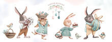 Collection Of Dressed-up Easter Bunny Characters With Colorful Eggs, Bouquets, Baskets, Pies. Hand Drawn Illustration In Pastel Colors On A White Background For Cards, Invitations, Baby Products.