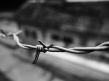 Detail Of Barbed Wire Fence And Blurred Building In The Background