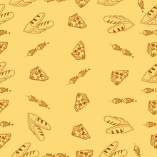 Cute Seamless Pattern On A Yellow Background With Delicious Cheese, Bread And Fish. Hand Drawn Delicious Cheese And Bread. Texture For Scrapbooking, Wrapping Paper, Invitations.