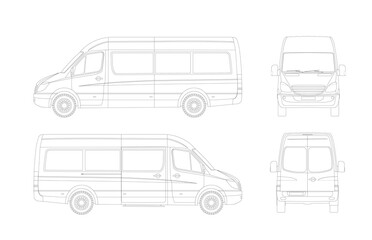 Wall Mural - Passenger minibus vector sketch set, front, back, right, left view. Urban transport.