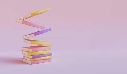 Wall Mural - Flying stack of books on pink background. Front view. Online education or e-learning concept. 3d render