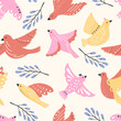 Vector peaceful flying birds of different colors on a seamless pattern. Colorful spring summer print, bright romantic doves.