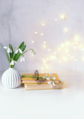 Wall Mural - Snowdrop flowers, books and butterfly on table, abstract blurred light background. Blossoming gentle snowdrops, symbol of spring season. Relax time, harmony of nature