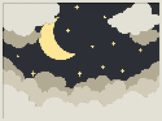 Poster - Pixel art night background. Pixel sky with stars and clouds and moon. Vector pixel art style 8 bit