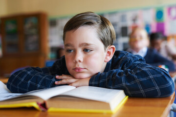 Poster - This is so boring. Shot of a young boy sitting in his classroom at school and feeling bored.